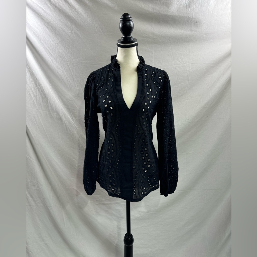 Black Eyelet Embroidered Blouse – Ruffle Stand Collar Split V-Neck Peasant Top - Picture 7 of 9